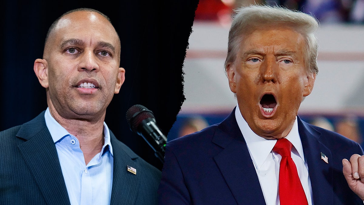 Hakeem Jeffries, left; President Trump right 