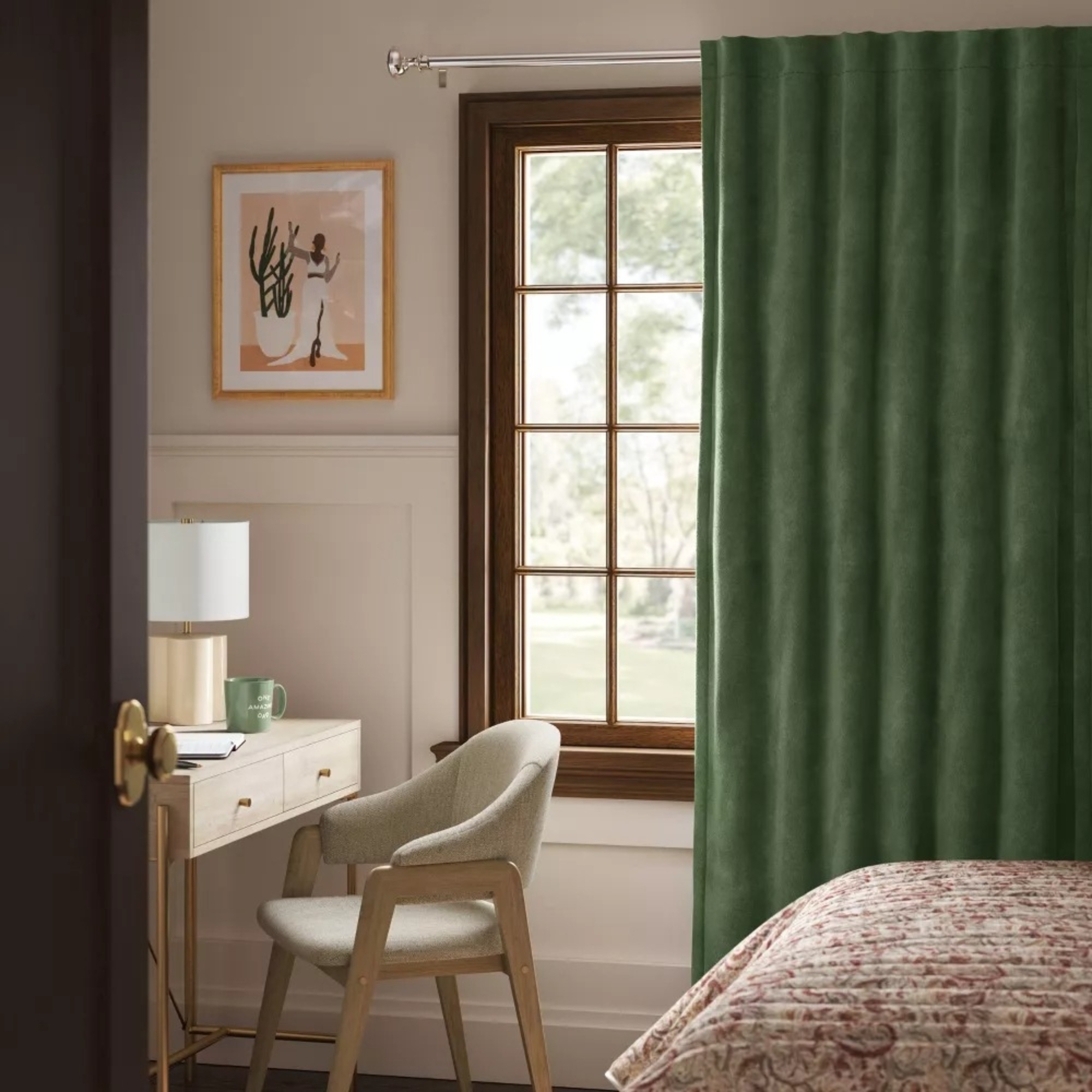 Cozy room with a window partially covered by a green curtain.